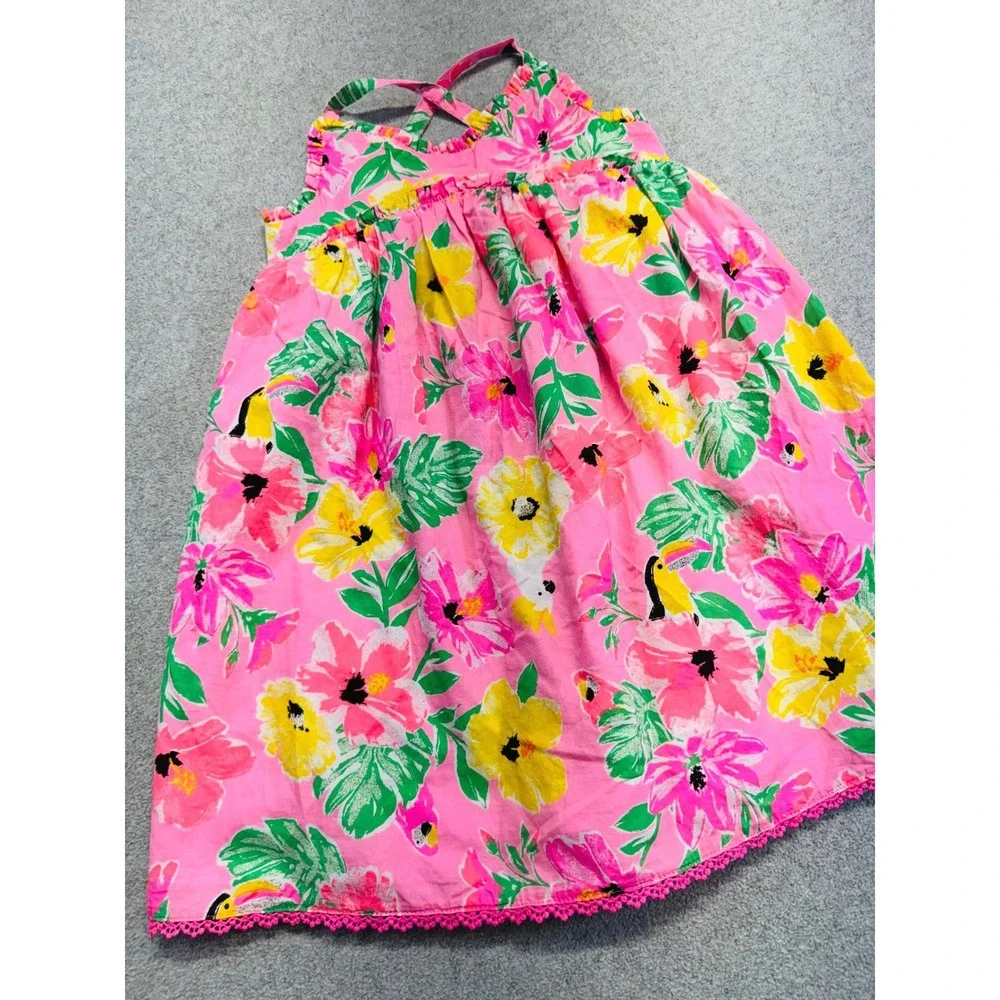 Tommy Bahama Tropical Floral‎ Sundress Size 4 Pink Toucan Parrot Crochet Trim
